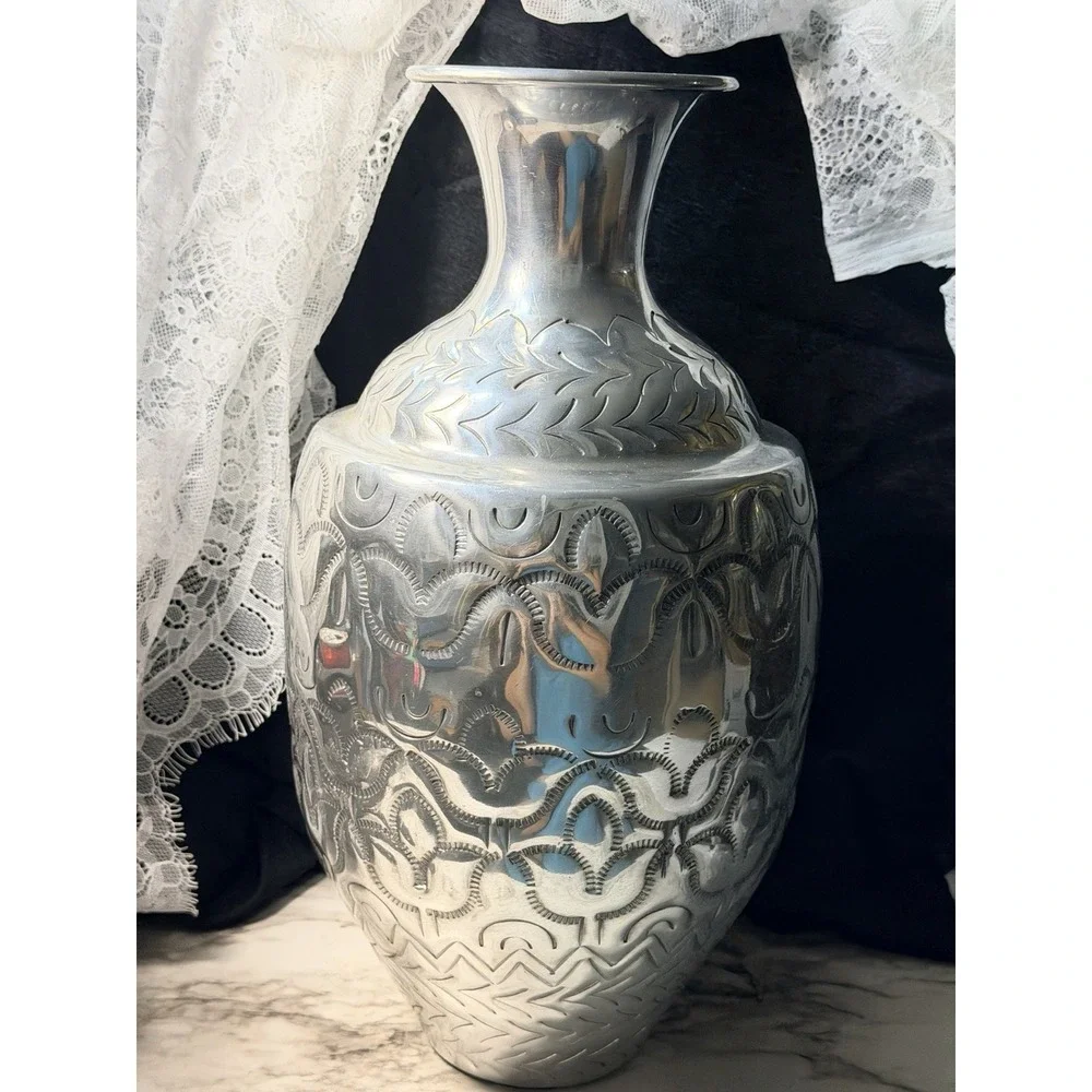 VTG Handcrafted Silver Metal Vase Indian Hammered 14